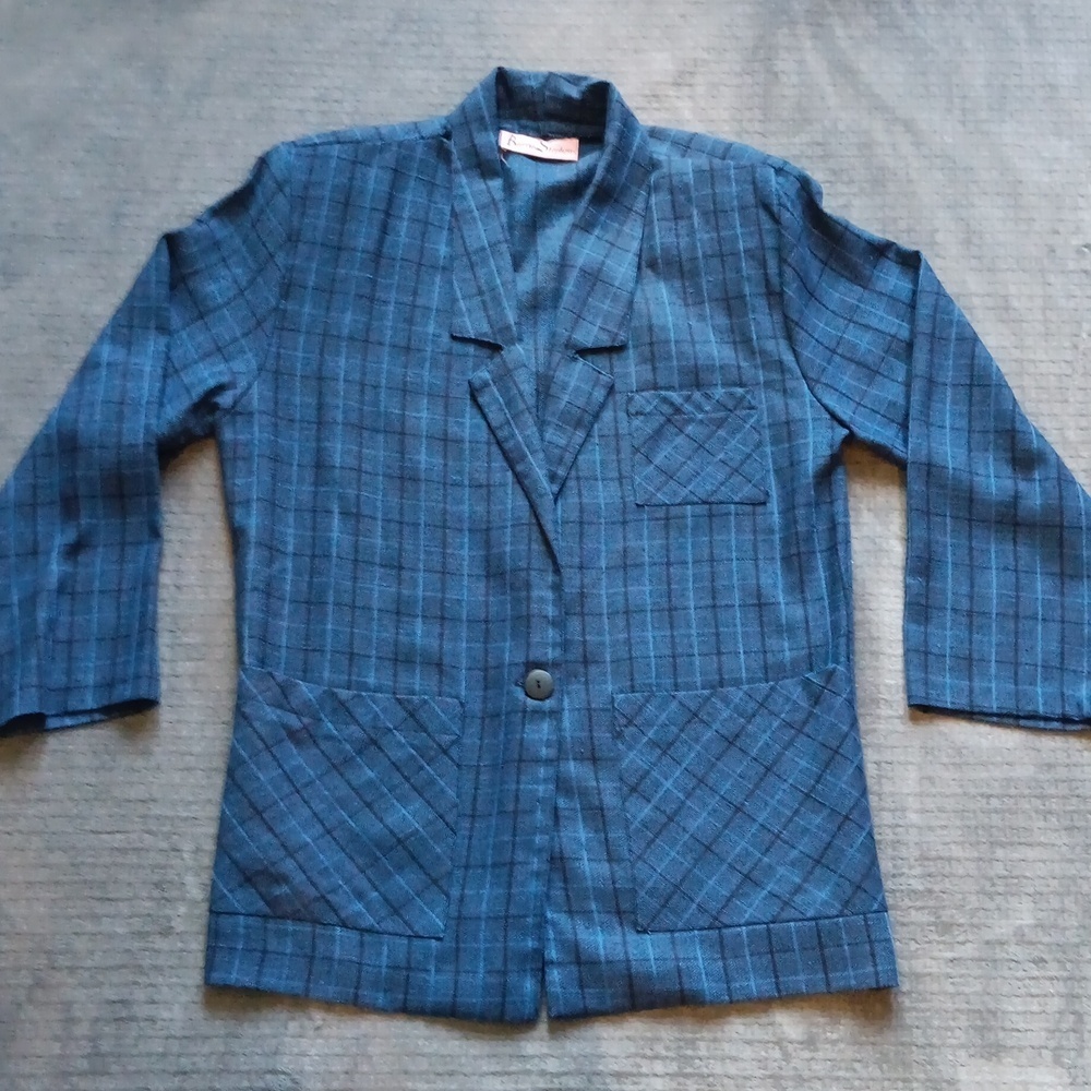 70s Blue Plaid Tweed Women's Blazer, Single Button Jacket With Deep Pockets